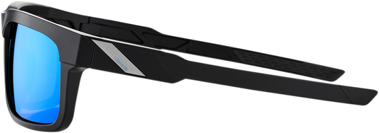 Black 100% Type-S sunglasses with blue mirror lenses, featuring sleek frame design and tinted reflective blue lenses.