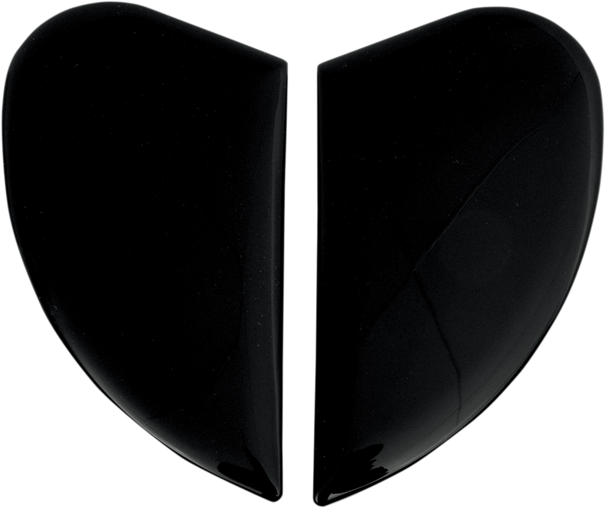 Black ICON Airmada, Airframe Pro, or Airform™ helmet side plates for Bill's Exhausts, shown in close-up detail.