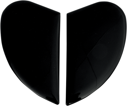 Black ICON Airmada, Airframe Pro, or Airform™ helmet side plates for Bill's Exhausts, shown in close-up detail.