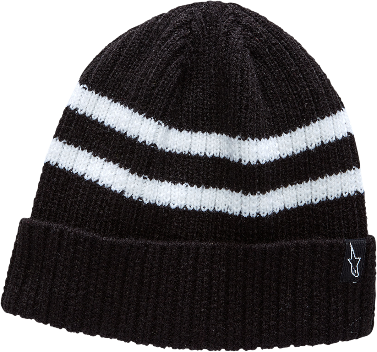 Black and white AlpinesStars roller beanie with brand logo, one size fits most, made from soft knit material.