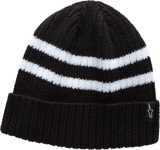 Black and white AlpinesStars roller beanie with brand logo, one size fits most, made from soft knit material.