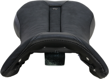 Black Saddlemens Gel Channel Sport Seat for motorcycles, featuring ergonomic design and high-quality construction.