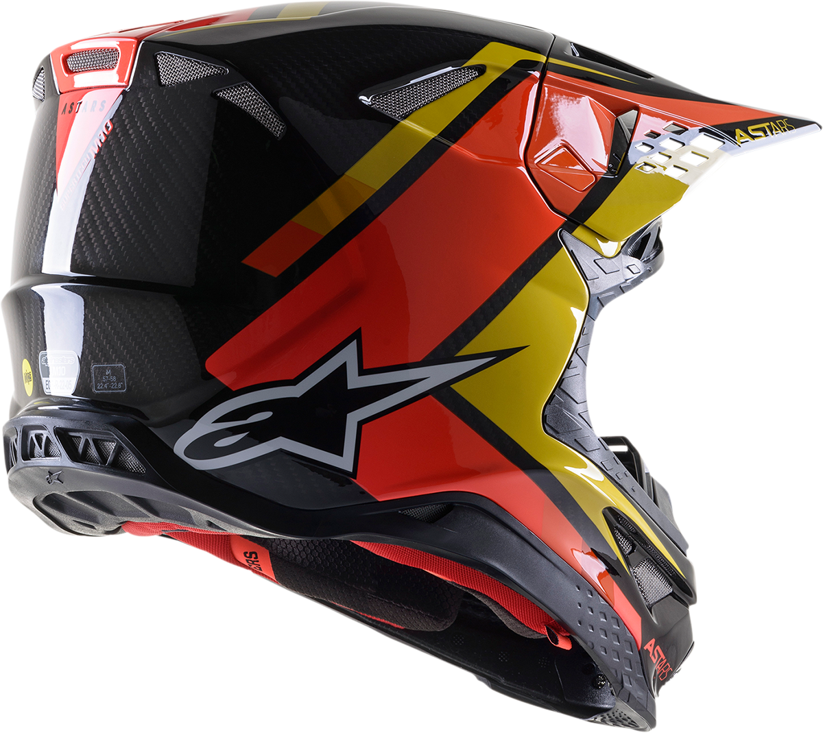 Alpinestars Supertech M10 Helmet Meta 2 in black, yellow, orange with MIPS® protection, medium size, detailed view of helmet design.