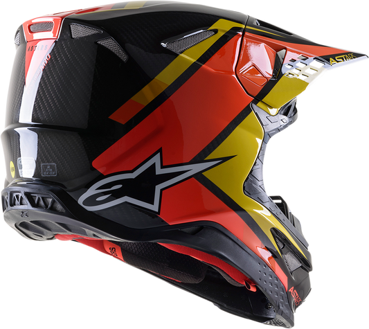 Alpinestars Supertech M10 Meta 2 helmet in black, yellow, and orange with MIPS® protection, size XL, shown from side angle