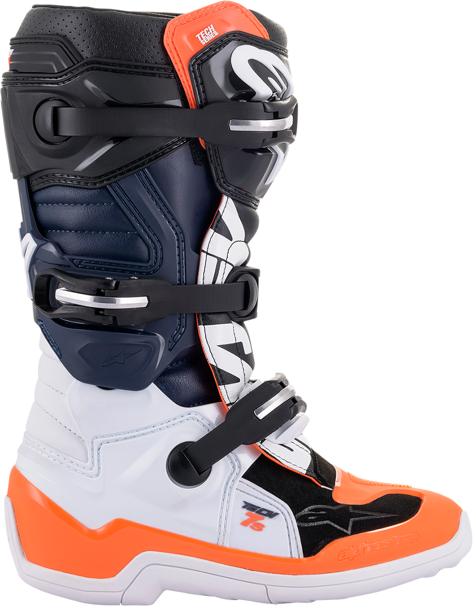 Youth ALPINESTARS Tech 7S motorcycle boots in black, orange, and white with sturdy construction and protective features.