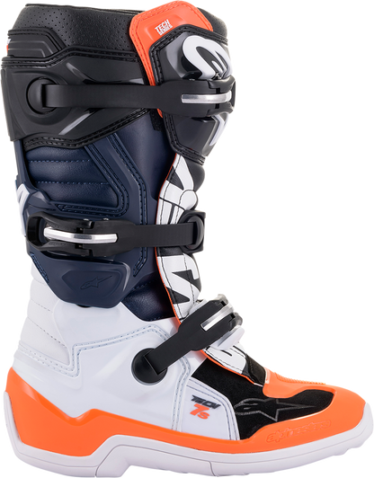 Youth Alpinestars Tech 7S motorcycle boots in black, orange, and white with protective design, size US 3.