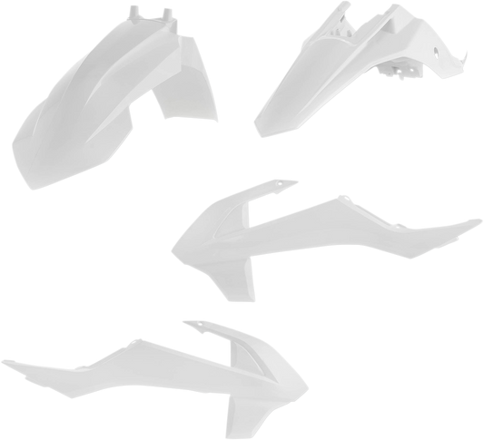 A white Acerbis standard replacement body kit for motorcycles, featuring various body panels and components for a streamlined look.