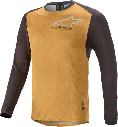 Alpinestars Alps 6.0 V2 long-sleeve motorcycle jersey in orange and black, size medium, featuring breathable fabric and branding.