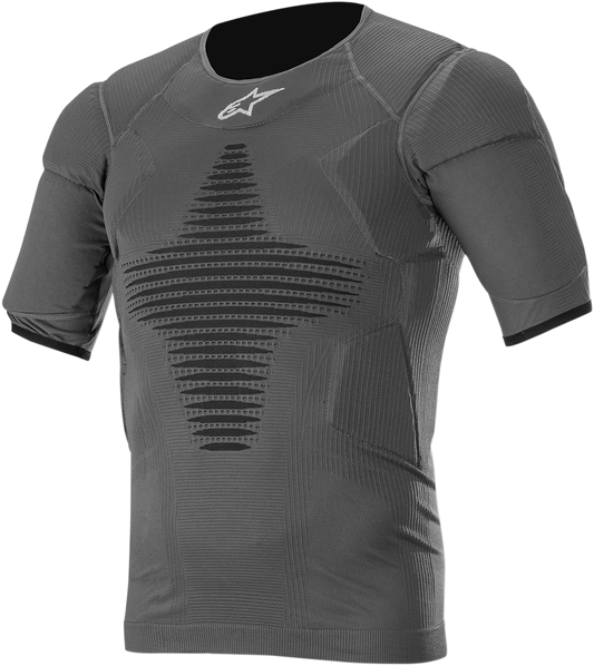 Alpinestars A-0 Roost Base Layer Top in anthracite and black, protective gear for motorcycling, size S/M, shown laid flat.