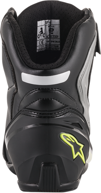 Alpinestars SP-1 v2 riding shoes in black, silver, and yellow with protective design, US 6.5 / EU 40, on a plain background.