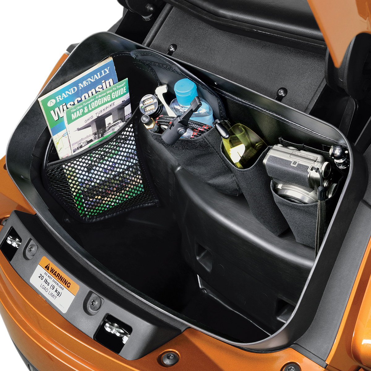 Bill's Exhausts SHOW CHROME engine trunk organizer H41-150BK with chrome finish and multiple compartments for vehicle storage.