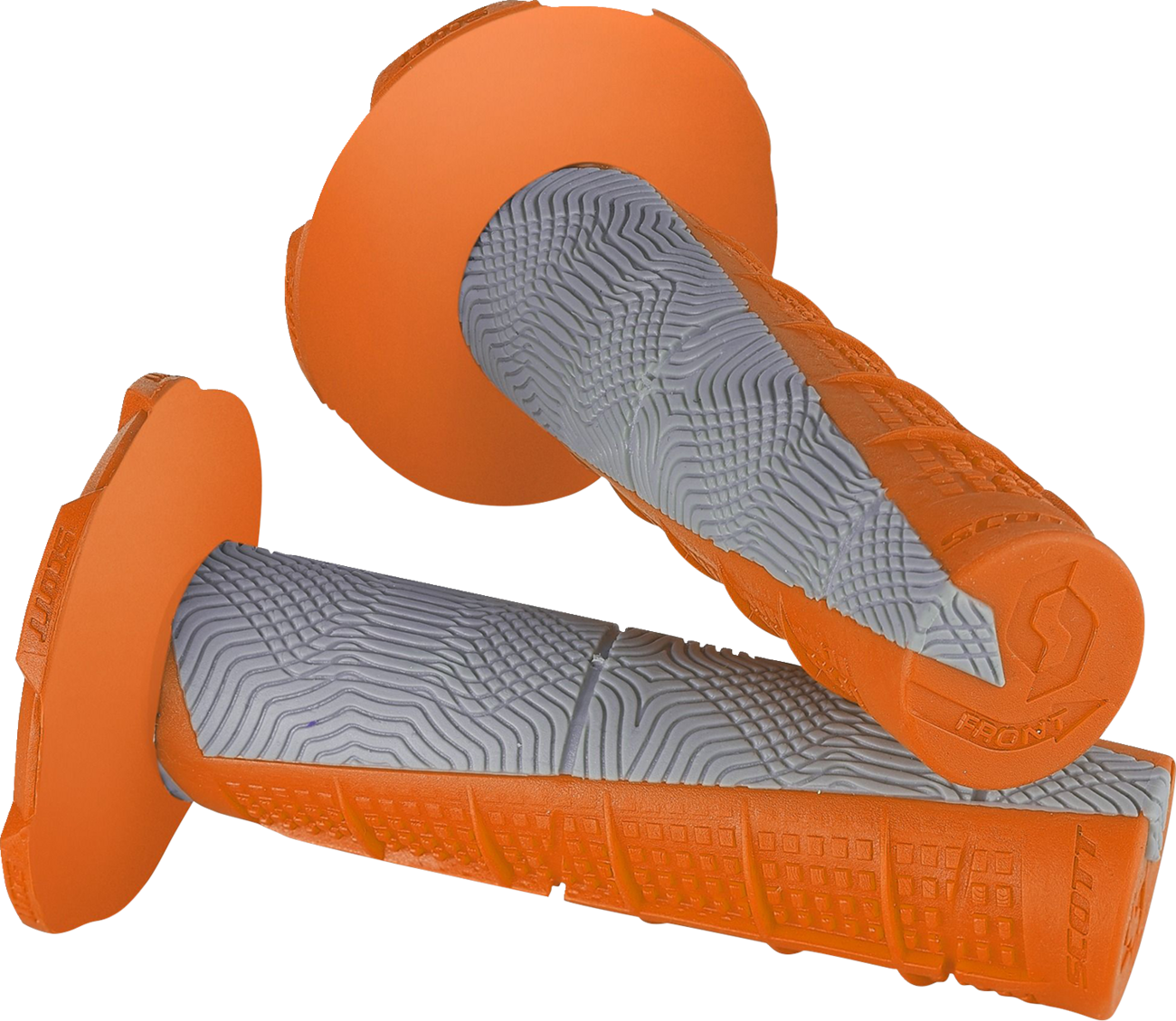 Scott Deuce engine grips in orange and gray, designed for motorcycle handlebars, with textured rubber surface for grip.