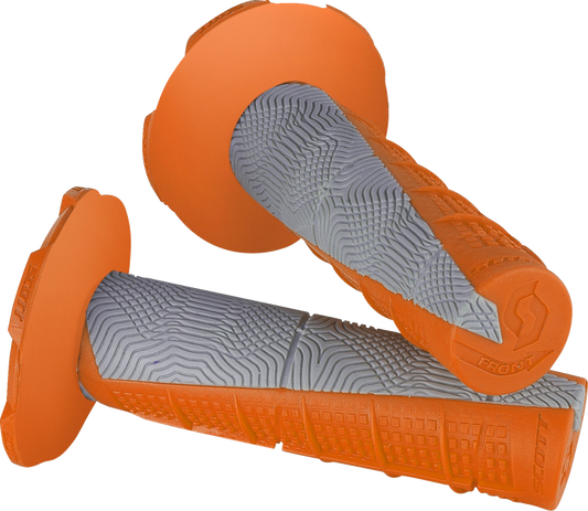 Scott Deuce engine grips in orange and gray, designed for motorcycle handlebars, with textured rubber surface for grip.