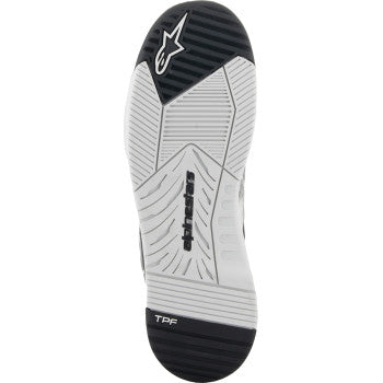 Alpinestars Speedflight motorcycle shoes in black, gray, and white, size US 13.5, with sporty design and protective features.