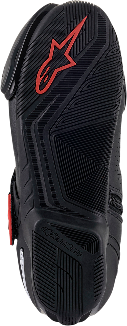Alpinestars SMX1-R V2 motorcycle racing boots in black and red, US size 6, EU size 39, featuring protective design and branding.