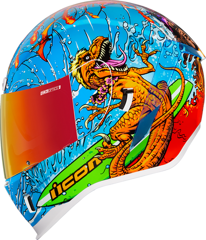 Large ICON Airform Dino Fury helmet with bold dinosaur design, featuring a sleek black finish and adjustable strap.