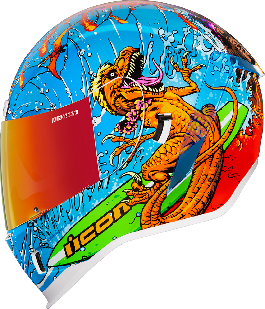 ICON Airform™ Dino Fury helmet in medium size, featuring a colorful dinosaur design and streamlined helmet shape.