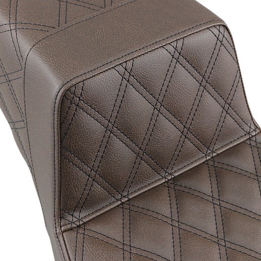 Bill's Exhausts saddlemen step-up seat with full lattice stitch in brown, designed for motorcycles.