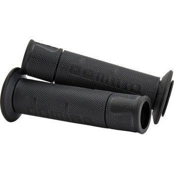 Domino A450 dual-compound motorcycle grips in dark gray and black, 120mm long, showing textured rubber surface and ergonomic design.