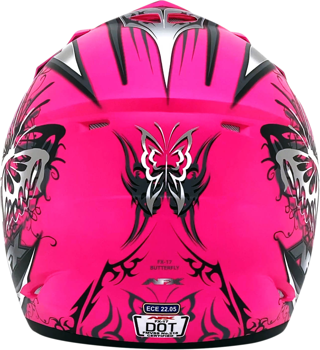 Matte hot pink AFX FX-17 Butterfly helmet in XL size with black visor and sleek design, suitable for motorcycle riding.