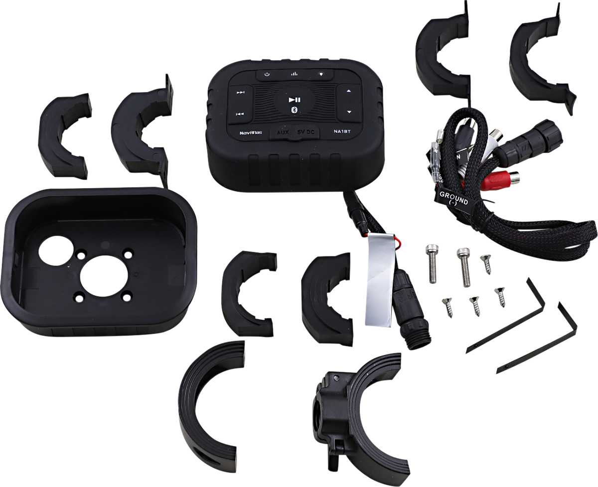 Bill's Exhausts NAVATLAS Bluetooth Controller handlebar-mount speaker with control buttons and compact design for motorcycle use.