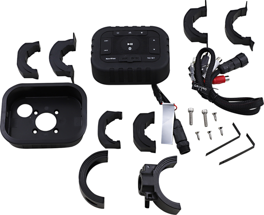 Bill's Exhausts NAVATLAS Bluetooth Controller handlebar-mount speaker with control buttons and compact design for motorcycle use.