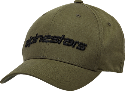 Black ALPINESTARS Linear Hat in military style, size L/XL, featuring bold branding and a structured cap design.