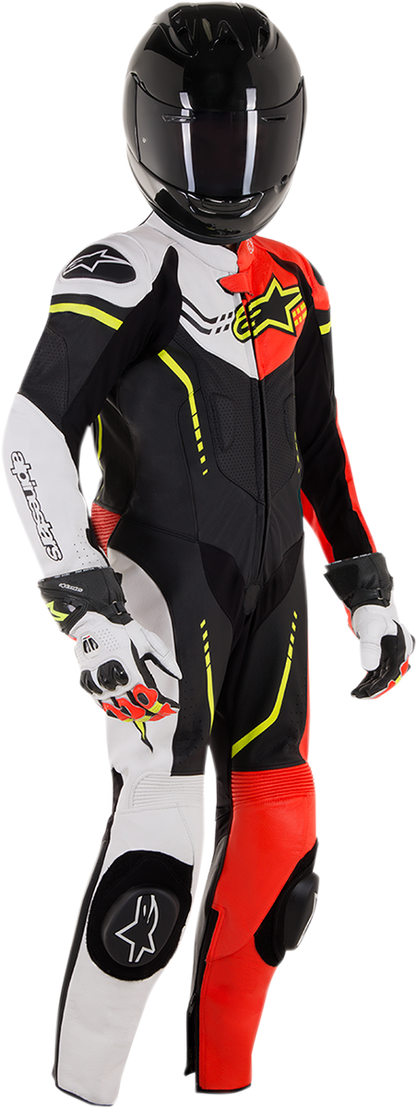 Alpinestars Youth GP Plus 1-Piece Leather Suit in black, white, red fluorescent, and yellow fluorescent, for US size 26/EU 140.