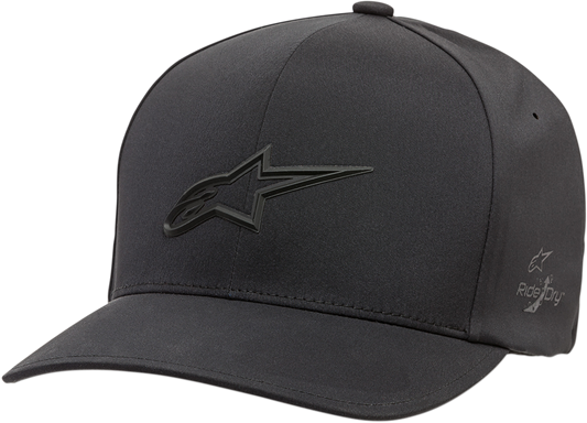 Black ALPINESTARS Ageless Delta Hat in Small/Medium, a stylish protective gear accessory with brand logo detail.
