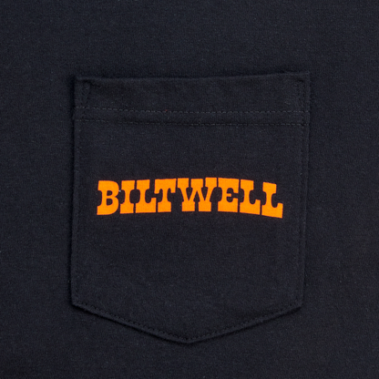 Bill's Exhausts BILTWELL LMTV Pocket T-Shirt in black, medium size, featuring a casual fit and front pocket design.