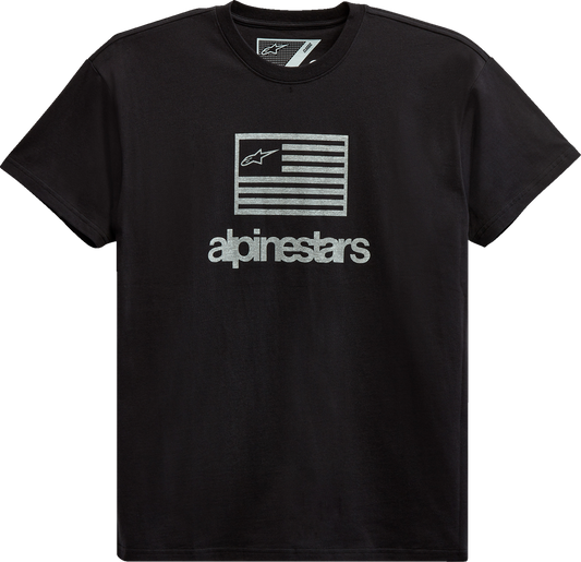 Black ALPINESTARS Flag T-Shirt in XL shown, featuring a bold flag graphic on the front, made by Bill's Exhausts.