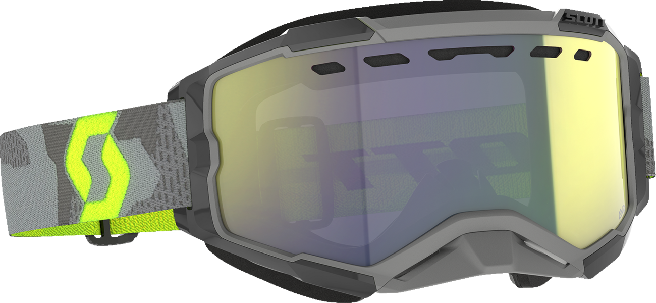 Scott Fury Snow Cross Goggle in light gray and neon yellow with enhancer yellow chrome lens, designed for winter sports.