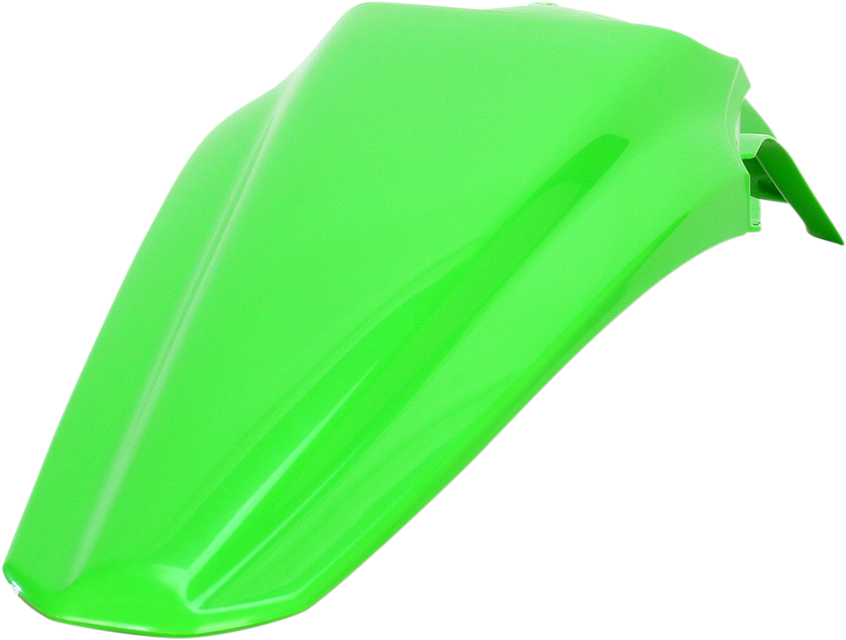 A green Acerbis rear fender for motorcycle, made of durable body material, with mounting points visible for installation.