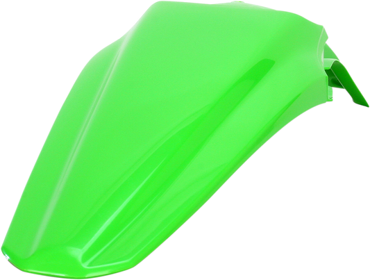 A green Acerbis rear fender for motorcycle, made of durable body material, with mounting points visible for installation.