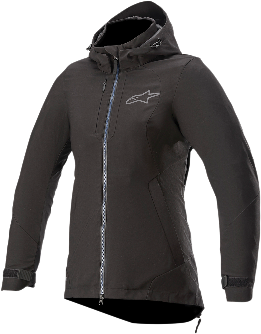 Alpinestars Stella Moony Drystar® motorcycle jacket in black, medium size, featuring protective armor and waterproof fabric.
