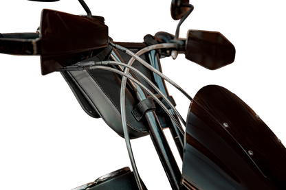 SADDLEMEN Handlebar Bag D160 mounted on motorcycle handlebar, black saddle bag with straps and zippers, designed for motorcycle storage