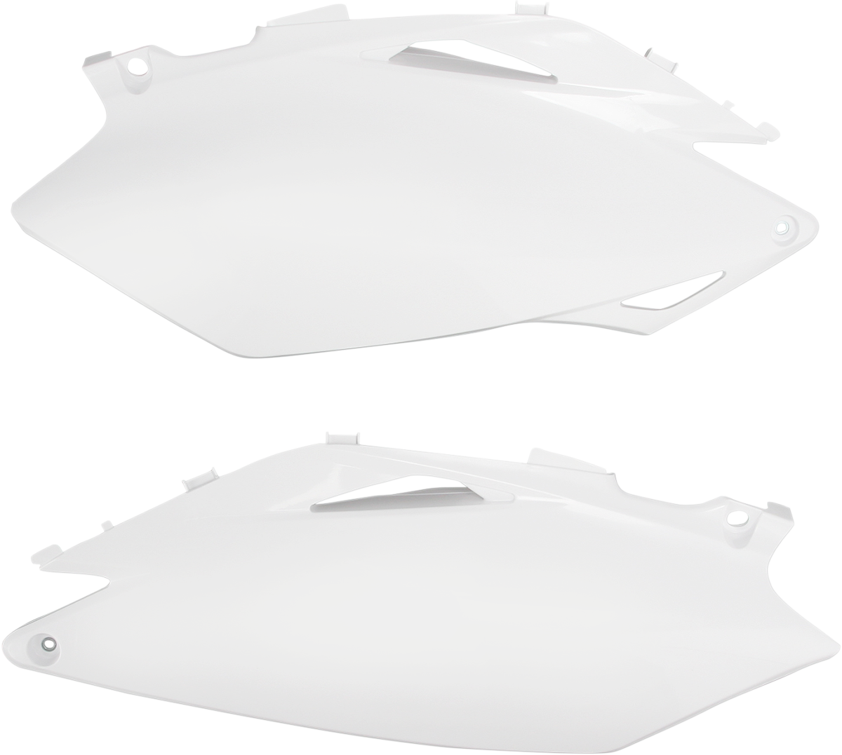 A set of white Acerbis side panels for motorcycle body, designed for durability and a sleek finish.
