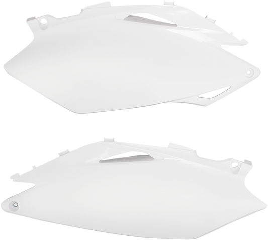 A set of white Acerbis side panels for motorcycle body, designed for durability and a sleek finish.
