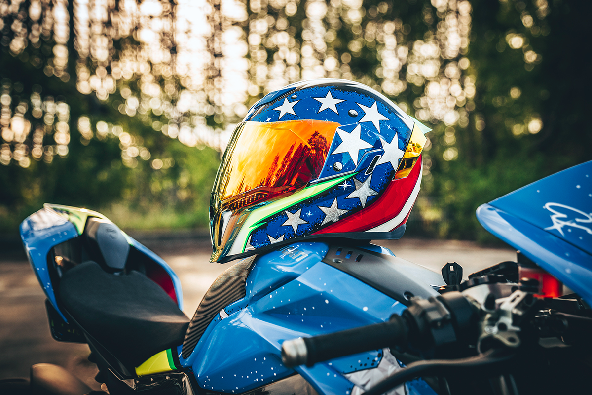 Bill's Exhausts ICON Airflite SF Glory helmet in medium size, featuring a sleek full-face design with clear visor and aerodynamic shape.