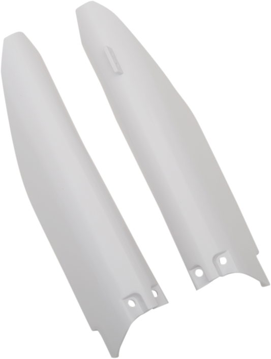 Acerbis white lower fork covers for motorcycle suspension, designed to protect and enhance the appearance of front forks.