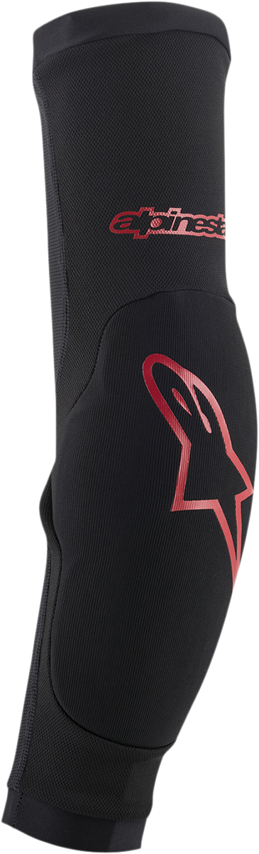 Alpinestars Paragon Plus protective elbow guards in black and red, medium size, designed for motorcycle safety and riding comfort.