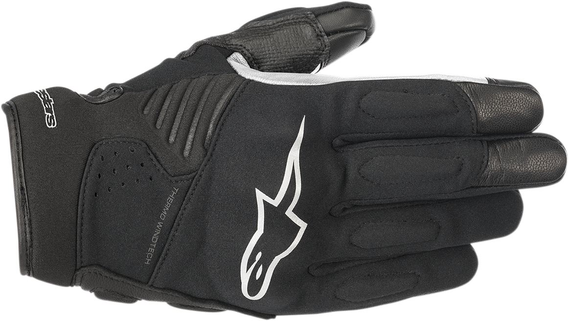 Alpinestars Faster black motorcycle gloves in 2XL size, featuring protective knuckles and textured palm for grip.