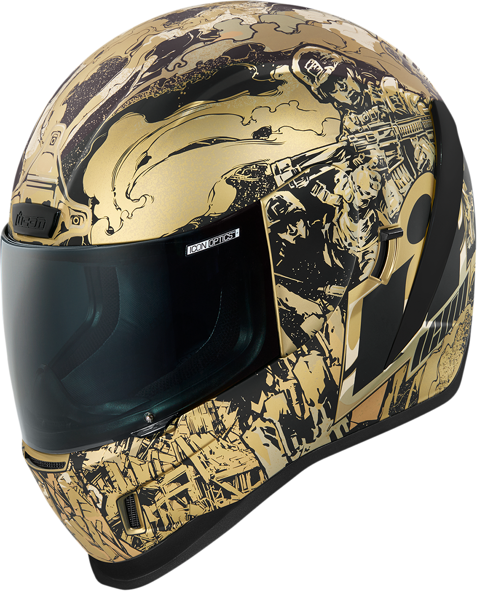 Bill's Exhausts ICON Airform Guardian helmet in gold, small size, showing the sleek helmet design with secure strap and ventilation.