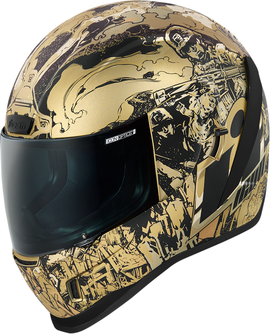 Gold ICON Airform™ Guardian helmet in large size with vented design, featuring a sleek, aerodynamic shape for motorcyclists.
