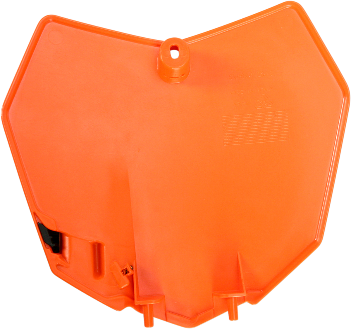 Orange Acerbis front number plate for motorcycle, body part with mounting holes, designed for durability and style.