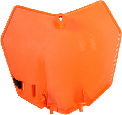 Orange Acerbis front number plate for motorcycle, body part with mounting holes, designed for durability and style.