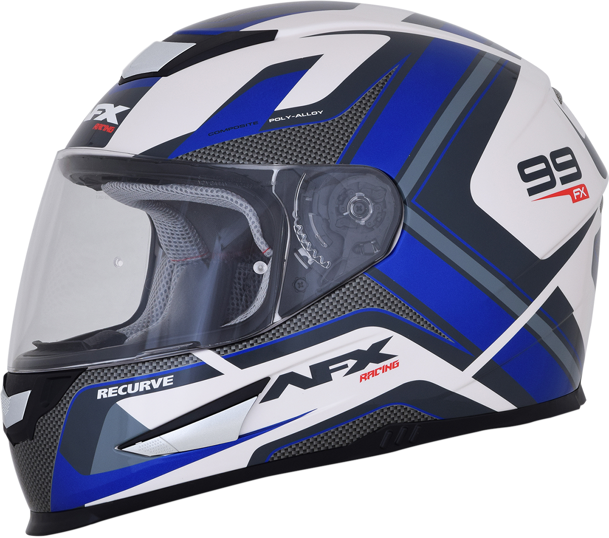 Bill's Exhausts AFX FX-99 Recurve helmet in pearl white and blue, medium size, showcasing sleek aerodynamic design.