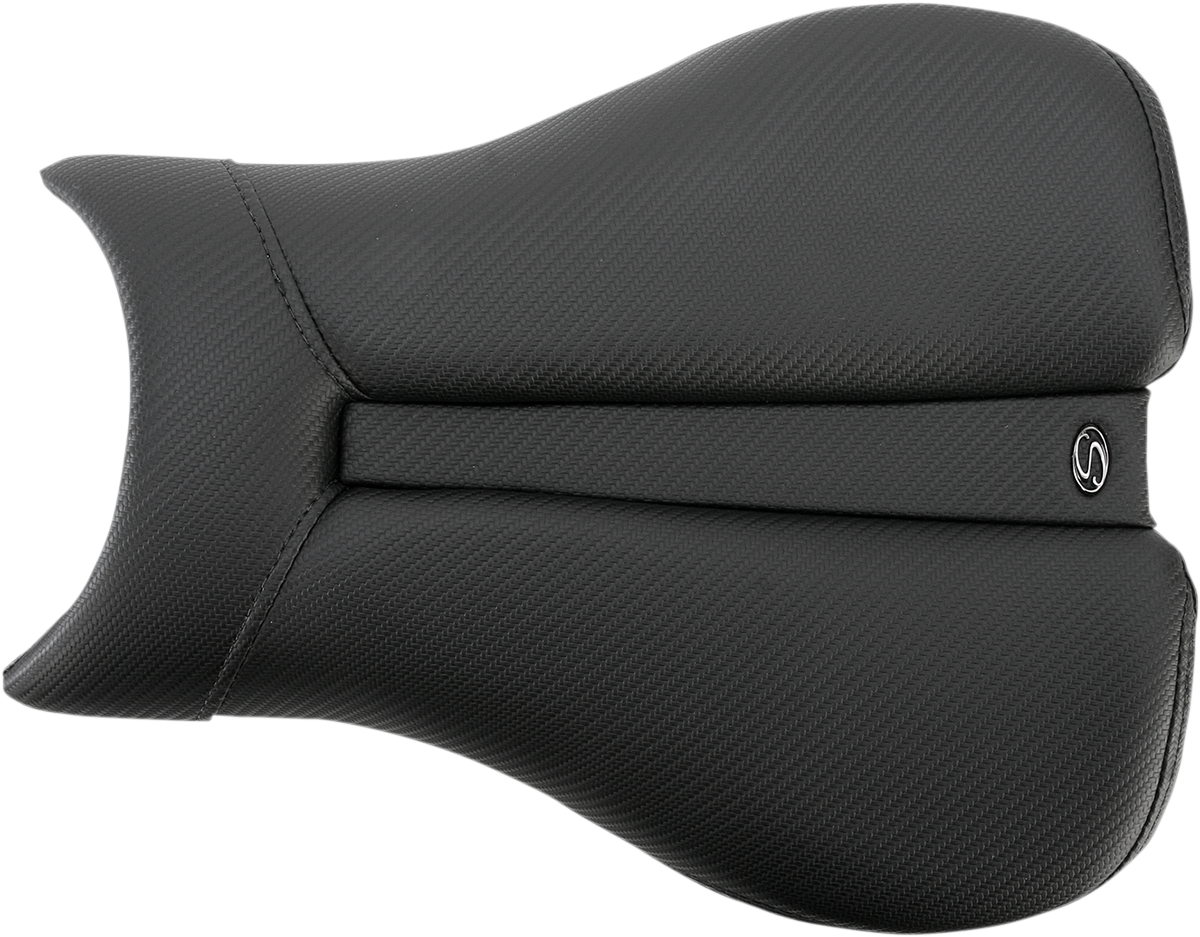 Black SADDLEMEN Gel Channel Track Carbon Fiber Sport Seat for Triumph motorcycles, featuring sleek carbon fiber design and ergonomic shape.