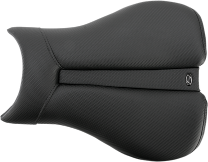 Black SADDLEMEN Gel Channel Track Carbon Fiber Sport Seat for Triumph motorcycles, featuring sleek carbon fiber design and ergonomic shape.