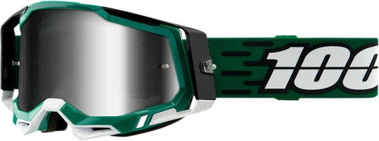Bill's Exhausts 100% Racecraft 2 goggles with silver mirror lenses, designed for racing and motocross, featuring a sleek black frame.